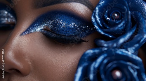 Elegant Blue Eye Makeup Featuring Glitter Details on a Woman's Face