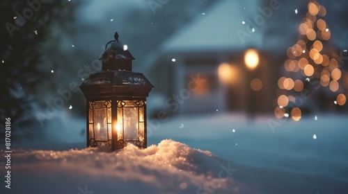 Warm Lantern Light in Snowy Winter Landscape with Cozy House and Christmas Tree
