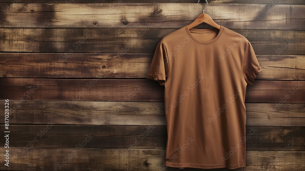 Blank Brown T-Shirt Hanging on Wooden Wall Background