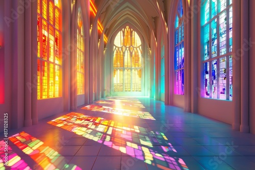 A colorful stained glass window with a cathedral setting