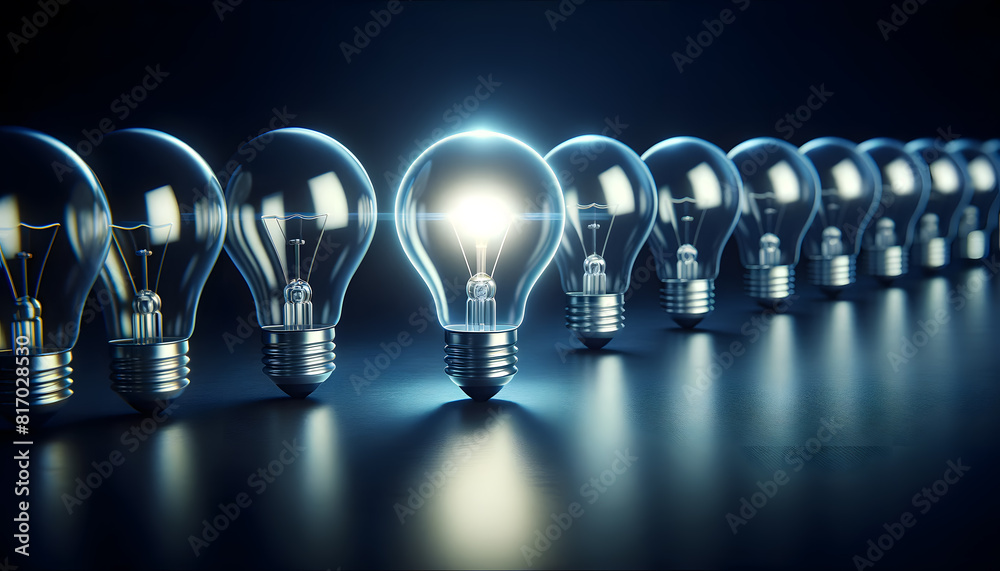 a series of light bulbs aligned in a row on a dark surface. All bulbs except for one in the middle are dimmed, which brightly glows, casting a strong white light. a series of light bulbs aligned in a row on a dark surface. All bulbs except for one in the middle are dimmed, which brightly glows, casting a strong white light.