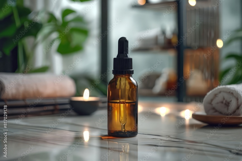 Create an image of a close-up of a dropper bottle with a black lid on a marble table Create an image of a close-up of a dropper bottle with a black lid on a marble table
