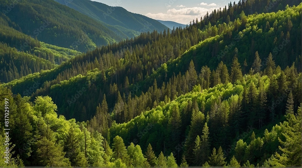 Obraz premium Scenic view of a green pine forest. Hills covered in evergreen trees. Beautiful taiga wood nature aerial photography wallpaper illustration.