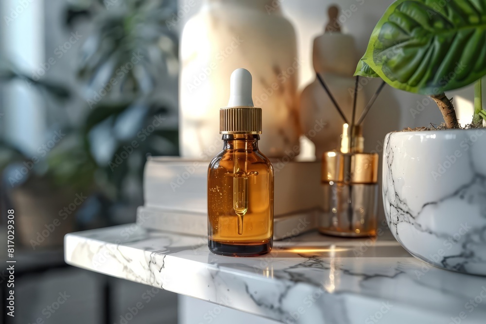 Simple face serum ampoule on a marble shelf Simple face serum ampoule on a marble shelf