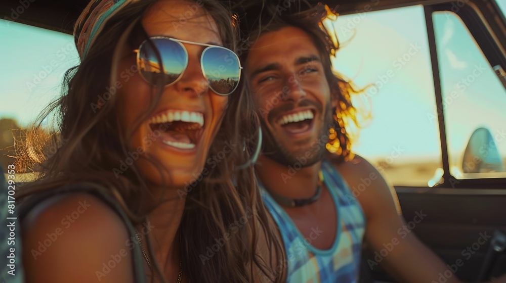 Delighted Friends Sharing Joyful Laughter and Carefree Moments During a Spontaneous Road Trip Adventure in Sunny Convertible Car Delighted Friends Sharing Joyful Laughter and Carefree Moments During a Spontaneous Road Trip Adventure in Sunny Convertible Car