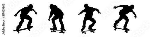 Set Black skateboarder silhouette isolated on white background vector skateboard. Casual style. Extreme sport. Vector illustration.