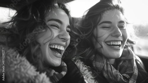 Friends Laughing Joyfully in a Car on a Spontaneous Road Trip Adventure