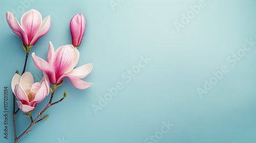 pink magnolia flowers on a soft blue background with copy space wedding stationery, blank greeting card, minimalistic style