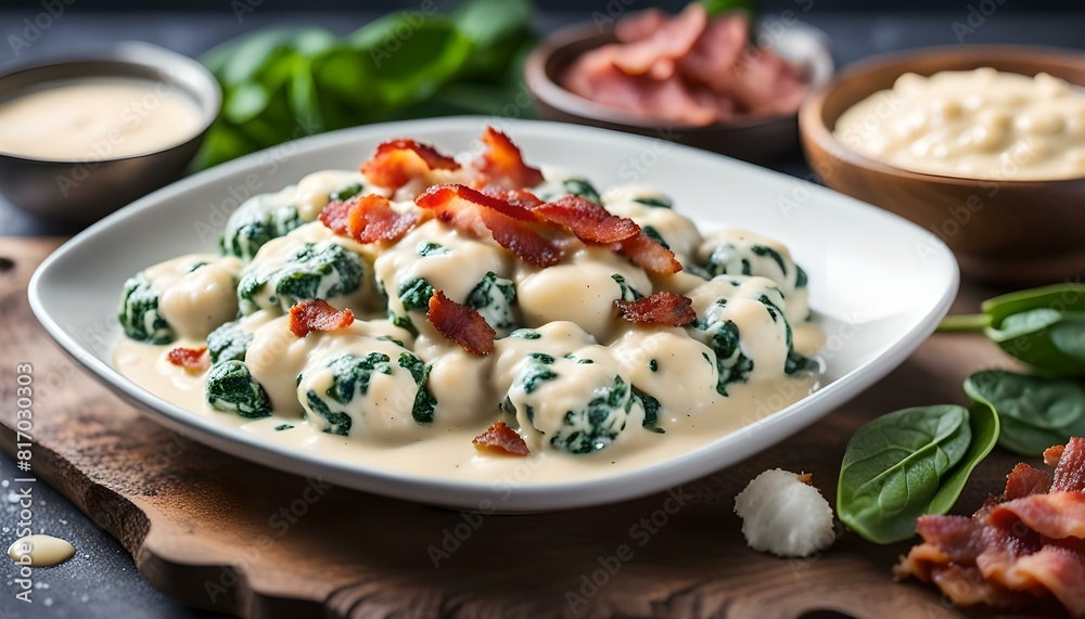 Spinach gnocchi with parmesan sauce topped with bacon, clean serving, ingredients in background
Spinach gnocchi with parmesan sauce topped with bacon, clean serving, ingredients in background