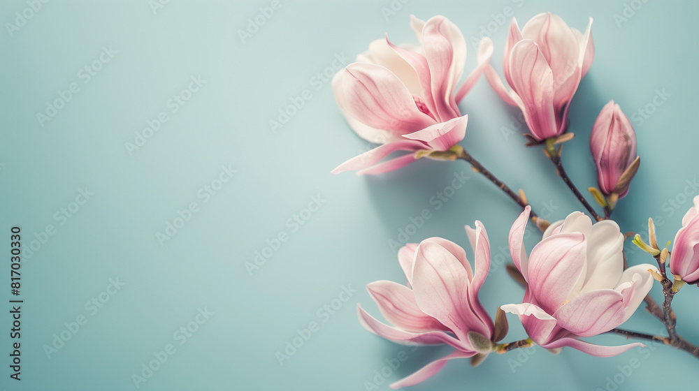 pink magnolia flowers on a soft blue background with copy space wedding stationery, blank greeting card, minimalistic style pink magnolia flowers on a soft blue background with copy space wedding stationery, blank greeting card, minimalistic style