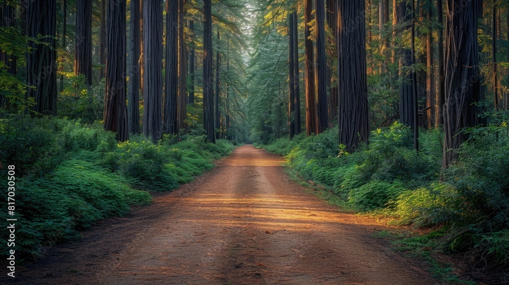 Obraz premium Serene Forest Road Winding Through Towering Trees Offering Peaceful Solitude and Tranquil Adventure