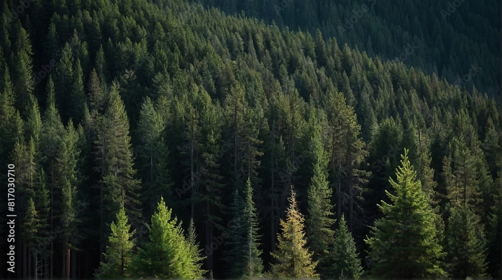 Scenic view of a green pine forest. Hills covered in evergreen trees. Beautiful taiga wood nature aerial photography wallpaper illustration.