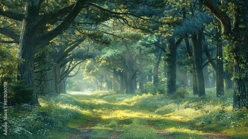 Serene Forest Path Through Towering Trees Offers Peaceful Solitude and Natural Tranquility Serene Forest Path Through Towering Trees Offers Peaceful Solitude and Natural Tranquility