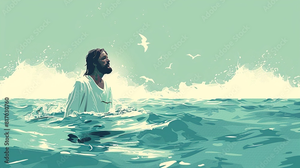 © Roberto - A serene and minimalistic illustration of Jesus being baptized, featuring a peaceful depiction of Jesus in the water during the baptism scene, characterized by simplicity © Roberto - A serene and minimalistic illustration of Jesus being baptized, featuring a peaceful depiction of Jesus in the water during the baptism scene, characterized by simplicity