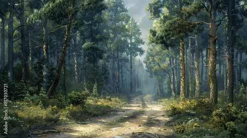 Forest Road Serenity A Secluded Path Through Towering Trees Offering Peace and Solitude