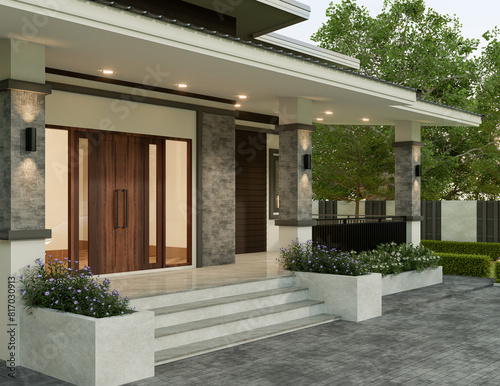 Modern house exterior day light with lawn grass.3d rendering.