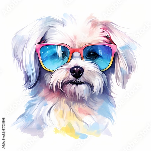 Maltese. Cool Dog. Maltese clipart. Watercolor illustration. Generative AI. Detailed illustration.