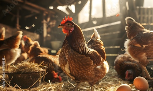 Vibrant Chicken Flock Foraging in Rustic Farmyard Coop photo