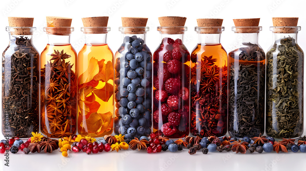 Different varieties of loose leaf teas stored in labeled containers at