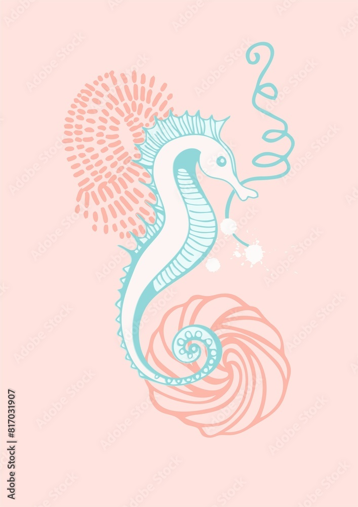 Fototapeta premium A universally applicable abstract composition (poster) of flat bionic elements (representatives of the underwater world) on a marine theme on a colored background.