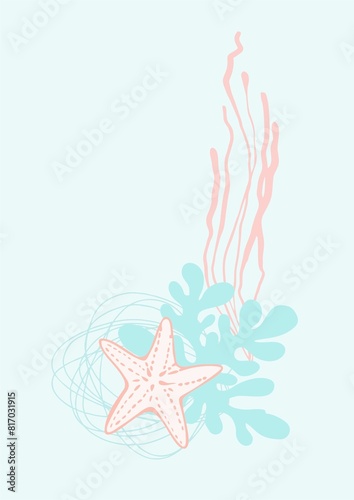 A universally applicable abstract composition  poster  of flat bionic elements  representatives of the underwater world  on a marine theme on a colored background.