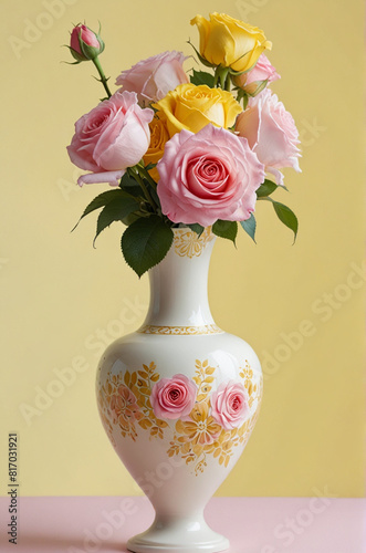 Yellow and pink roses with beautiful buds placed in a vase