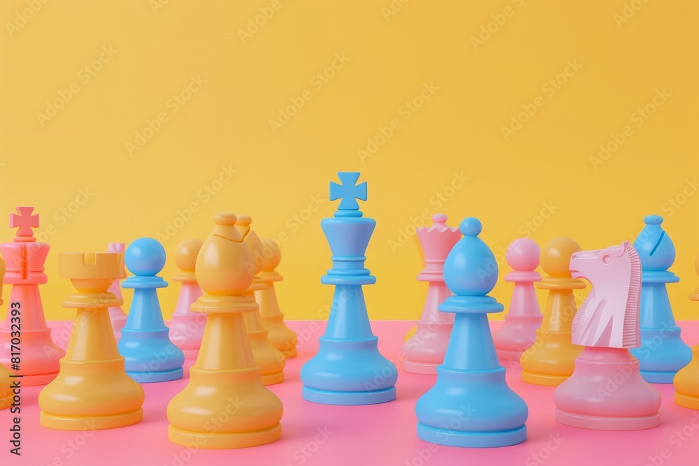 A row of chess pieces are arranged on a colorful background A row of chess pieces are arranged on a colorful background