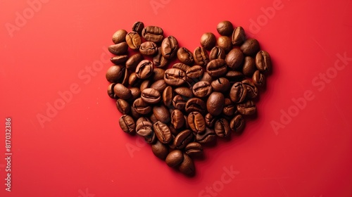 Heart shape made of coffee beans on redbackground. Flat lay. Symbol of Love to coffee, Roasted coffee beans arranged into shape of heart, generative ai photo