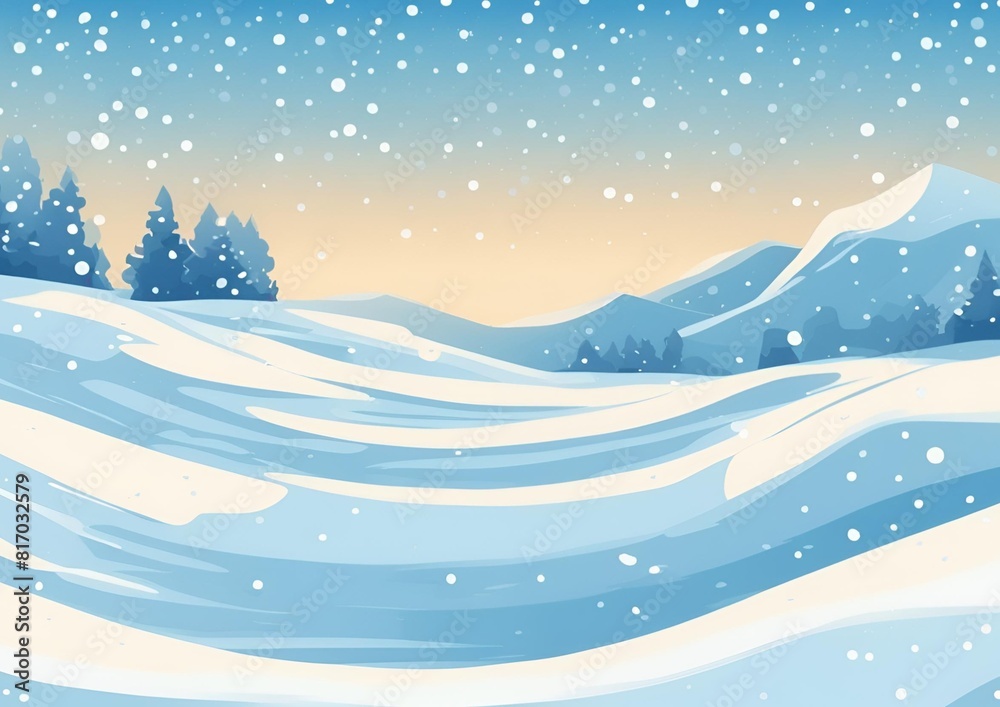 Vector illustration. Flat landscape. Snowy background. Snowdrifts. Snowfall. Clear blue sky. Blizzard. Cartoon wallpaper. Warm weather. Winter season.