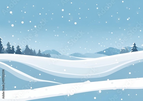 Vector illustration. Flat landscape. Snowy background. Snowdrifts. Snowfall. Clear blue sky. Blizzard. Cartoon wallpaper. Warm weather. Winter season.