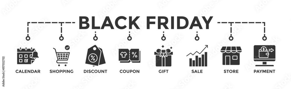 Black friday banner web icon illustration concept with icon of calendar, shopping, discount, coupon, gift, sale, store, payment Black friday banner web icon illustration concept with icon of calendar, shopping, discount, coupon, gift, sale, store, payment
