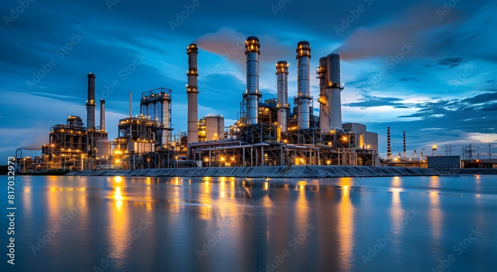 Illuminated Industrial Power Plant at Dusk Showcasing Smokestacks and Modern Machinery Against Backdrop of Blue Sky with Hints of Yellow Light Illuminated Industrial Power Plant at Dusk Showcasing Smokestacks and Modern Machinery Against Backdrop of Blue Sky with Hints of Yellow Light