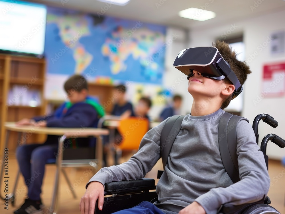 A boy in a wheelchair experiences virtual reality in a classroom setting, wearing VR goggles, with other students and a world map on the wall in the background. A boy in a wheelchair experiences virtual reality in a classroom setting, wearing VR goggles, with other students and a world map on the wall in the background.