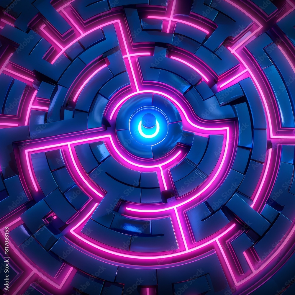 An abstract, glowing neon maze with pink and blue hues, featuring intricate pathways and a central light. An abstract, glowing neon maze with pink and blue hues, featuring intricate pathways and a central light.