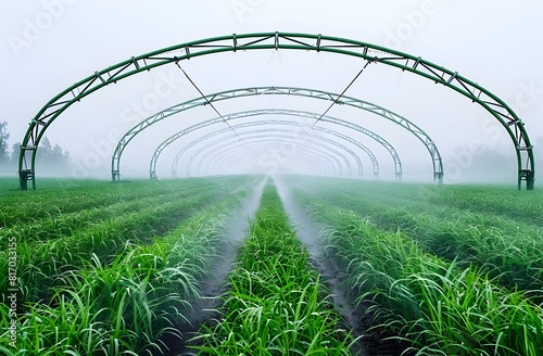 Sophisticated Agricultural Technology in Precision Farming with Metal Framed Water Sprinkler System over Green Grass Fields