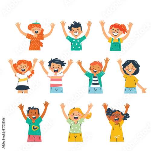 Happy children with hands up. Vector illustration in flat cartoon style.