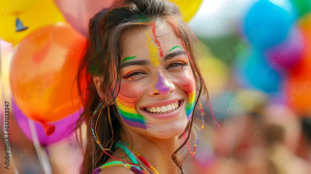 A woman with rainbow face paint smiles brightly at a pride event, surrounded by colorful balloons. A woman with rainbow face paint smiles brightly at a pride event, surrounded by colorful balloons.
