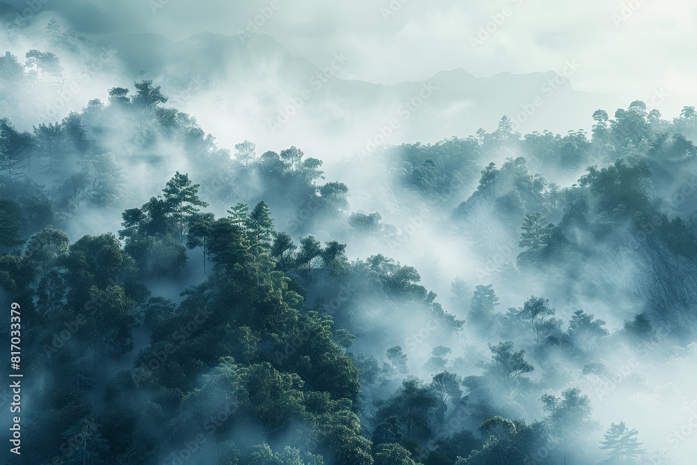 A misty forest with trees and mountains in the background A misty forest with trees and mountains in the background