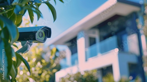 A security camera is mounted on a pole in front of a house, Home security and Smart home concept