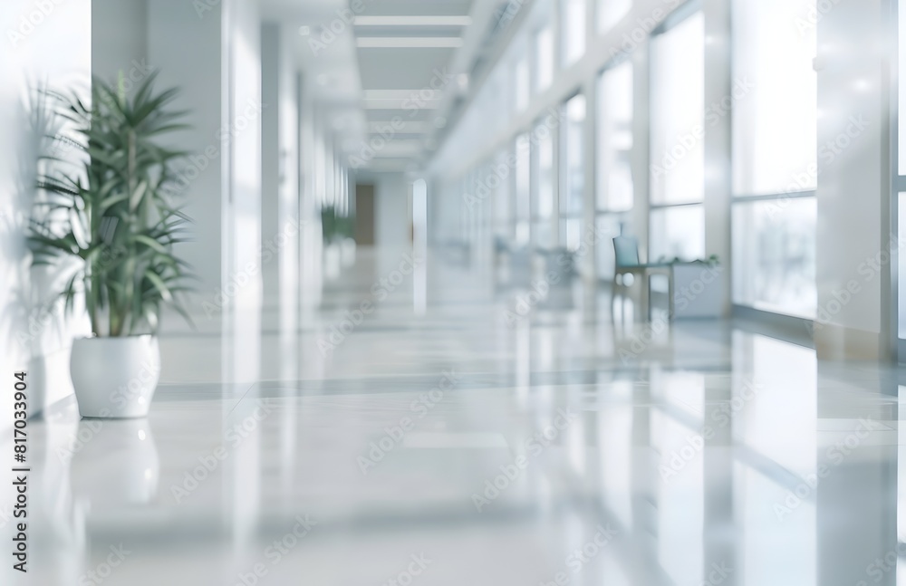 Blurred Panoramic Hallway of a Bright and Clean Medical Facility Blurred Panoramic Hallway of a Bright and Clean Medical Facility