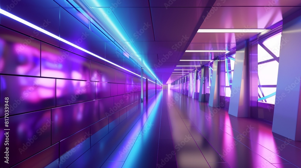 Sleek corridor with sharp purple and blue neon accents, selective focus on angular lines, theme of modernity, vibrant, Blend mode, tech innovation hub backdrop Sleek corridor with sharp purple and blue neon accents, selective focus on angular lines, theme of modernity, vibrant, Blend mode, tech innovation hub backdrop