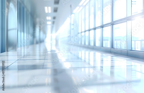 Blurred Hallway of Hospital Corridor with Panoramic Windows for Healthcare or Business Concept
