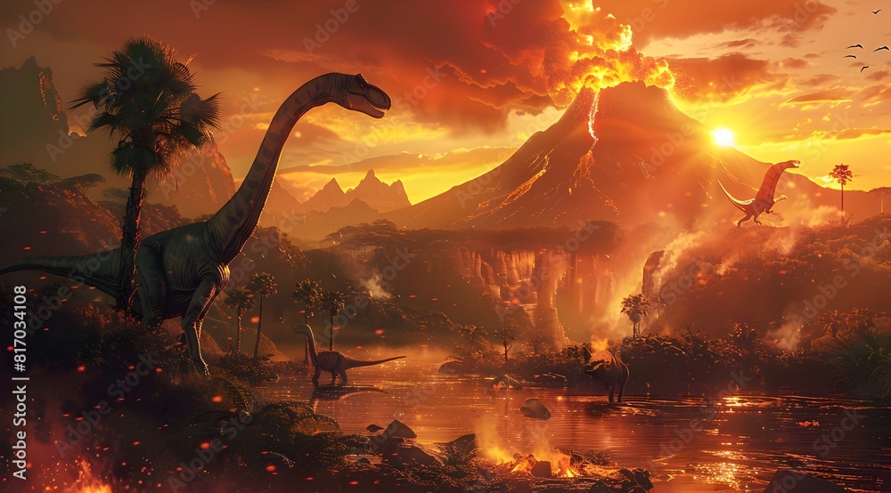 Fototapeta premium Colossal Volcanic Eruption Amid Prehistoric Dinosaur Landscape