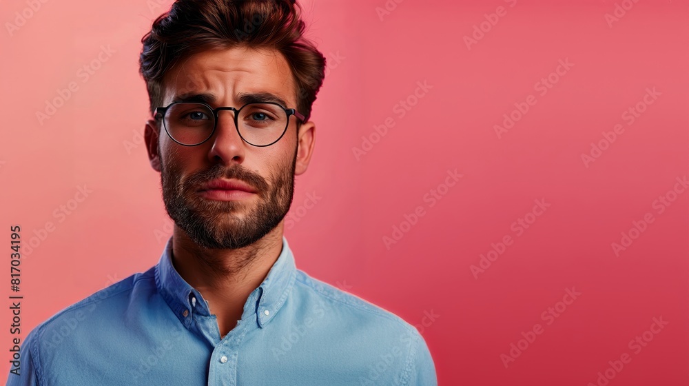 Young handsome man with glasses isolated on pink background, close up portrait of a young hipster guy in a studio looking at the camera, copy space banner for advertising Young handsome man with glasses isolated on pink background, close up portrait of a young hipster guy in a studio looking at the camera, copy space banner for advertising