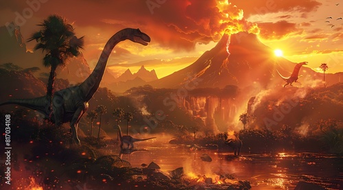 Fototapeta Naklejka Na Ścianę i Meble -  Colossal Volcanic Eruption Amid Prehistoric Dinosaur Landscape