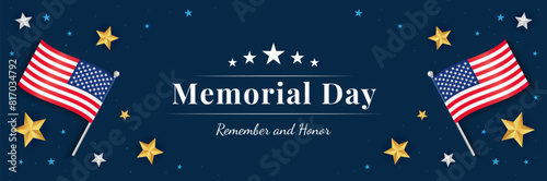 Memorial Day, Remember and honor banner vector illustration. American flag with starry on navy blue background