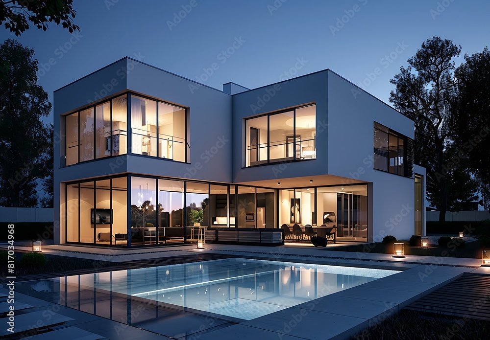 Beautiful modern house, night view from the garden with swimming pool and lights on inside, white walls and large windows, blue sky