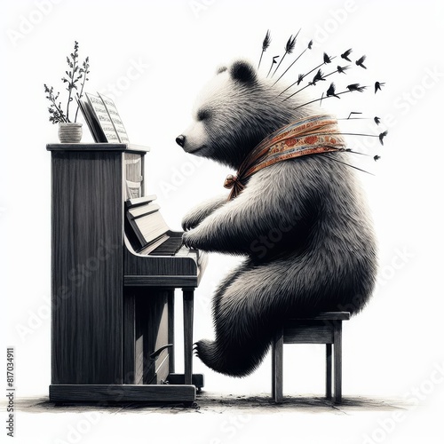 black bear sitting in a chair and playing piano photo