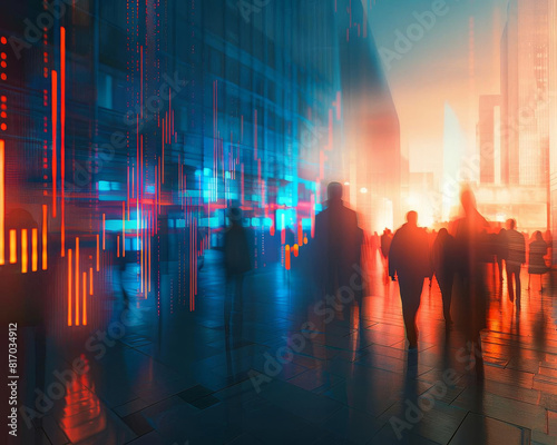 Abstract representation of a trading market with blurred people at sunset and a digital chart of rising stocks