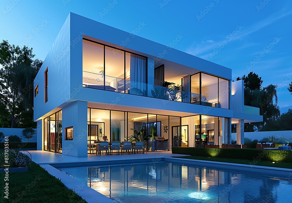 Beautiful modern house, night view from the garden with swimming pool and lights on inside, white walls and large windows, blue sky